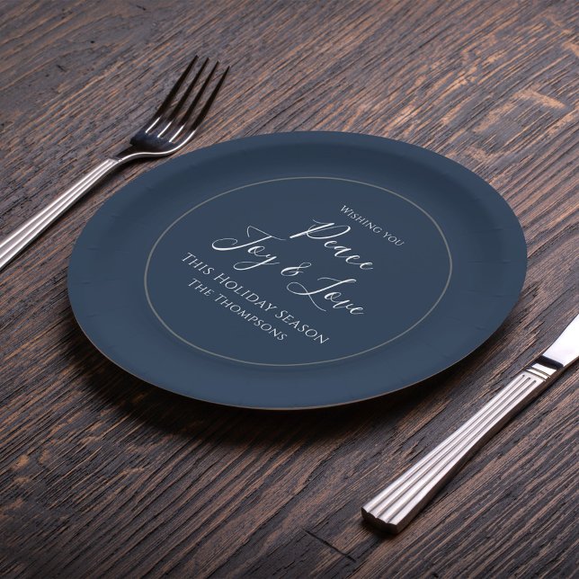 Christmas Holiday Elegant Peace Joy Love Simple  Paper Plates (With simple stylish calligraphy script and block-style lettering)