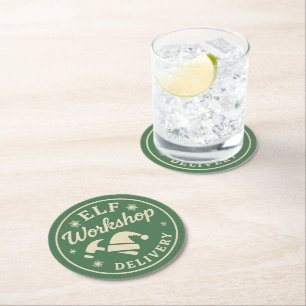 Christmas Holiday Elf Workshop Round Paper Coaster