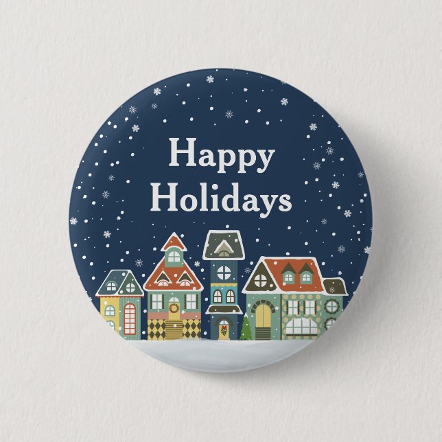 Christmas Holiday Evening Winter Village Scene Button (Front)