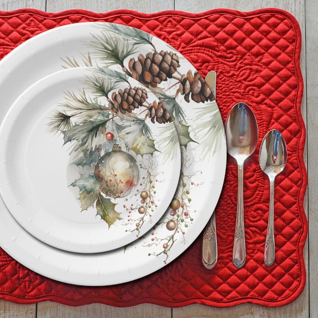 Christmas Holiday Evergreen Pinecones Ornament Paper Plates (Beautifully designed paper products for your December wedding or holiday party.    )