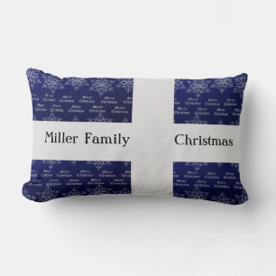 Christmas Holiday Family Name Blue White Snowflake Lumbar Pillow