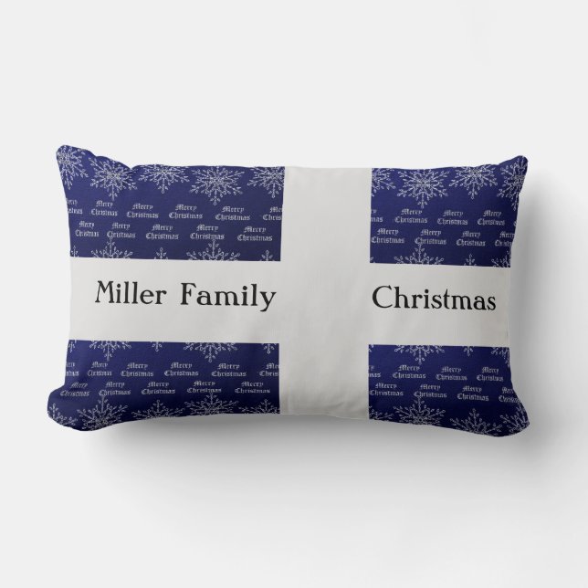 Christmas Holiday Family Name Blue White Snowflake Lumbar Pillow (Front)