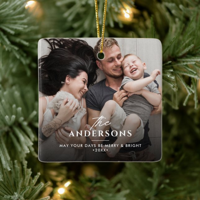 Christmas/Holiday Family Name & Message 2-Photo Ceramic Ornament (Tree)