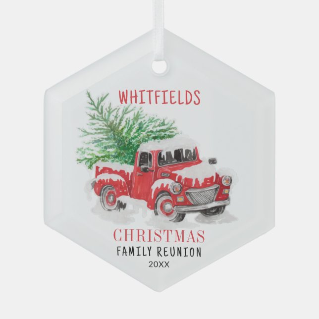 Christmas Holiday Family Reunion Red Truck Custom Glass Ornament (Front)