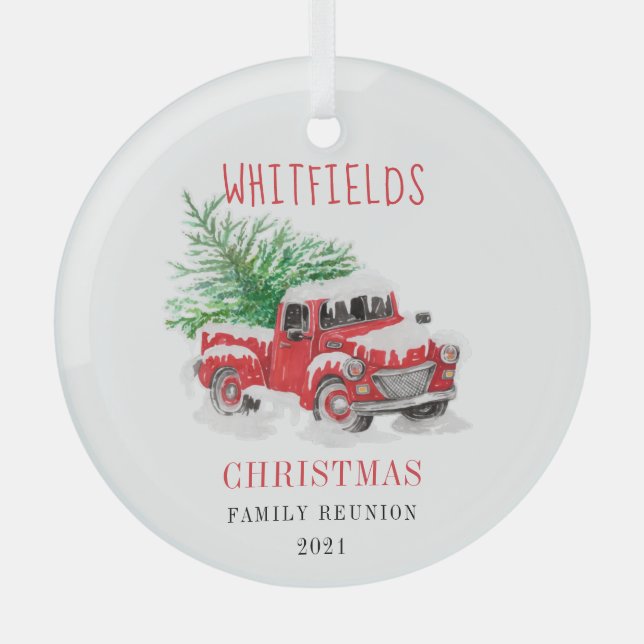 Christmas Holiday Family Reunion Red Truck Tree Glass Ornament (Front)