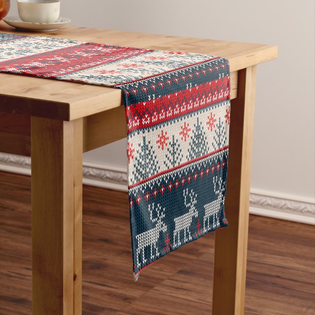 Christmas Holiday Faux Knit Pattern Nordic Theme Short Table Runner (In Situ)