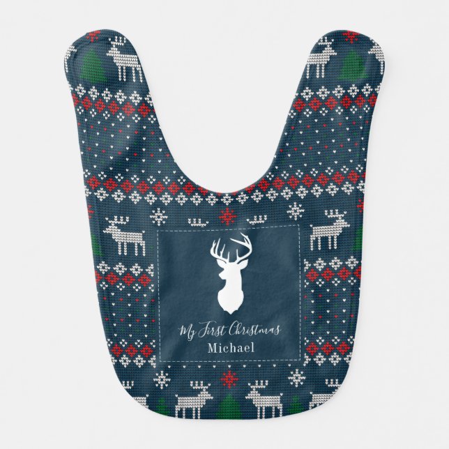 Christmas Holiday Faux Knit Pattern Personalized Baby Bib (Front)