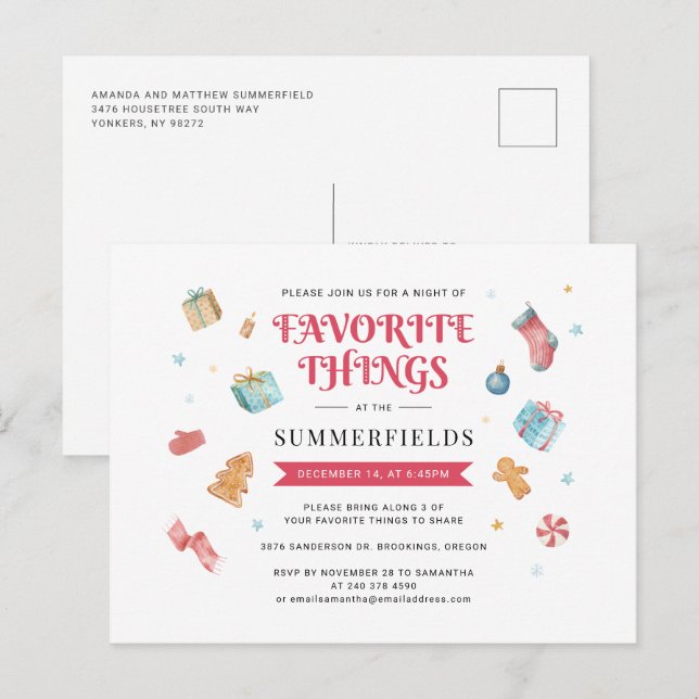 Christmas Holiday Favorite Things Gift Swap Party Invitation Postcard (Front/Back)