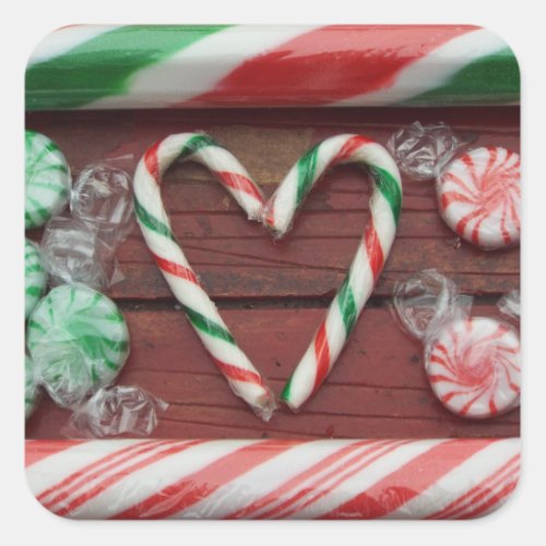 Christmas Holiday festive Candy Cane candies heart Square Sticker