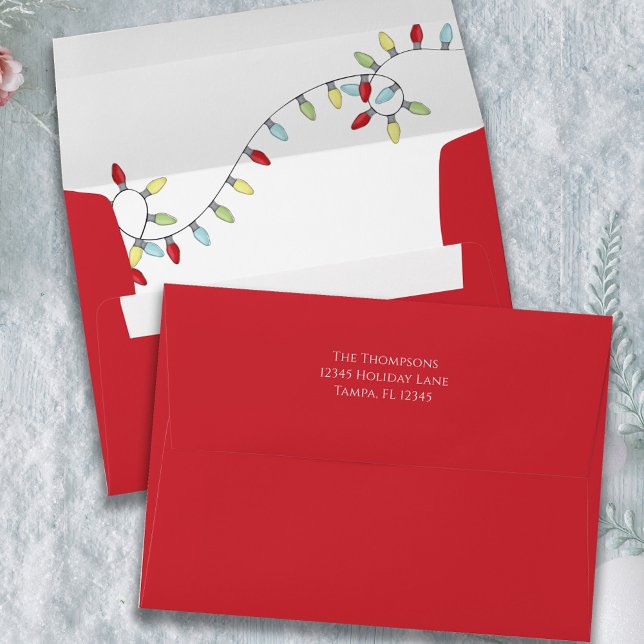 Christmas Holiday Festive Cute String Lights Envelope (Christmas holiday colorful string lights red envelope with return address label. )