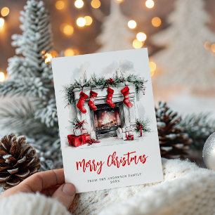 Christmas Holiday Festive Fireplace Watercolor Card