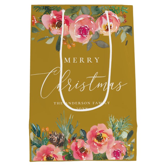 Christmas Holiday | Festive Mustard Brown Floral Medium Gift Bag (Back)