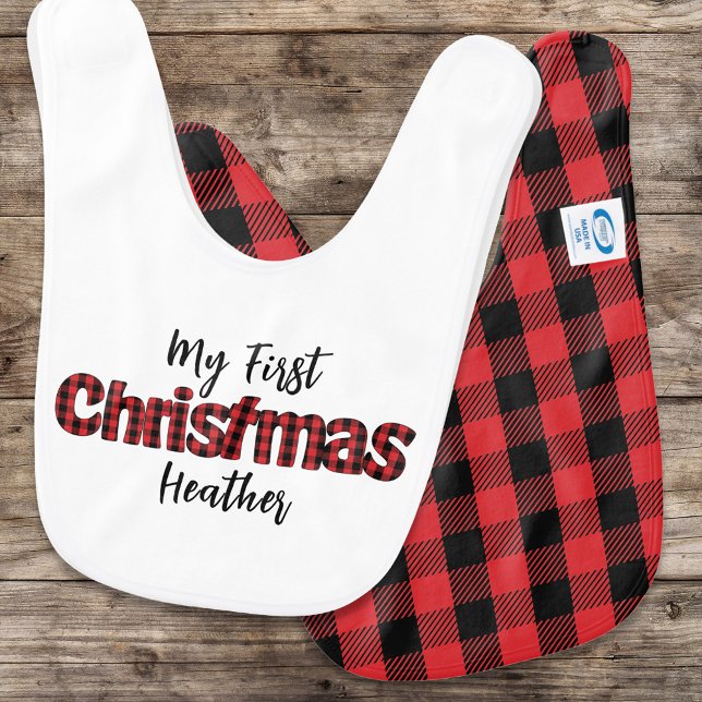 Christmas Holiday Festive My First Buffalo Check  Baby Bib (Custom buffalo check baby bib with whimsical typography)