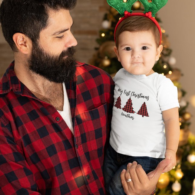 Christmas Holiday Festive My First Buffalo Check Baby T-Shirt (My first Christmas custom baby t-shirt with Buffalo check Christmas trees. )