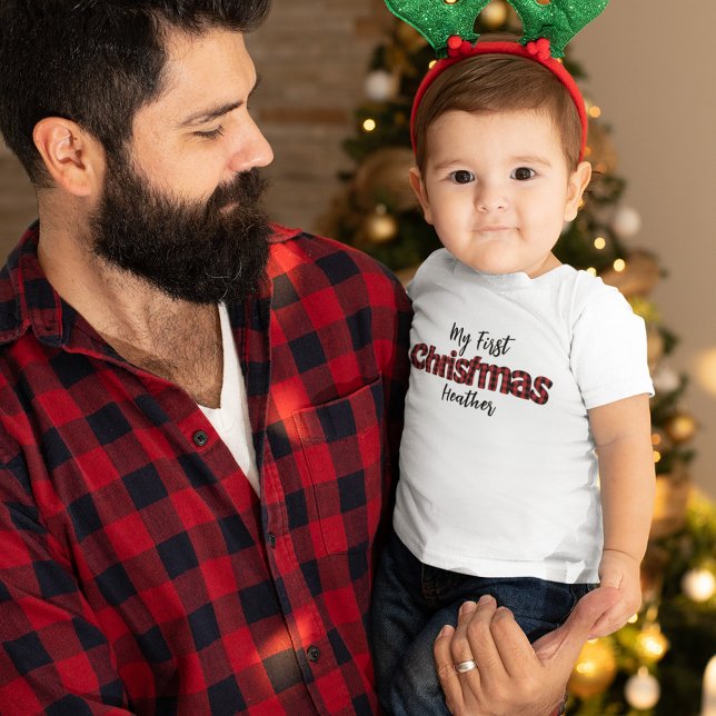 Christmas Holiday Festive My First Buffalo Check Baby T-Shirt (My First Christmas custom buffalo check baby t shirt.)