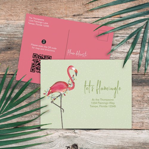 Christmas Holiday Flamingo QR Code Directions Map Postcard