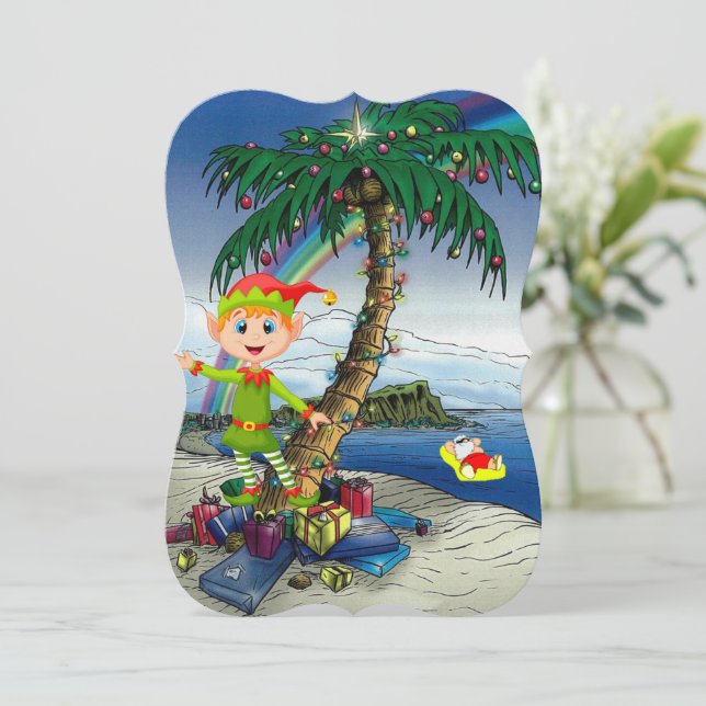 Christmas Holiday Flat Greeting Card, Beach Santa Card (Standing Front)