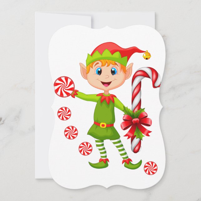 Christmas Holiday Flat Greeting Card, Elf Candy Card (Front)