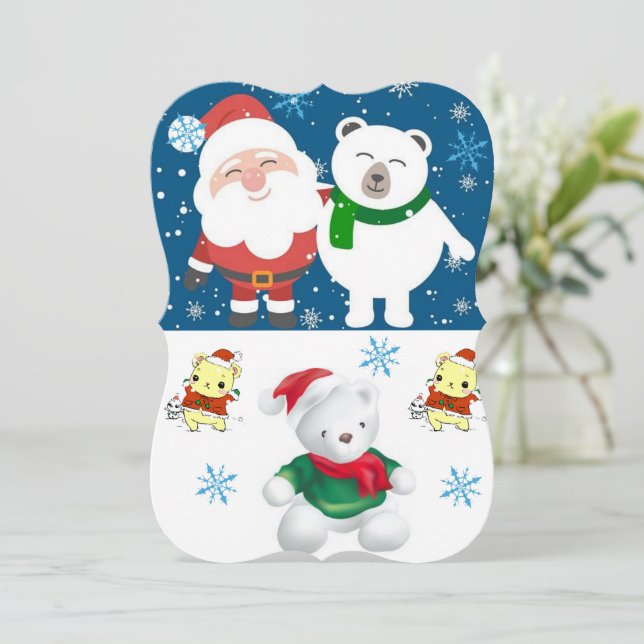 Christmas Holiday Flat Greeting Card, Santa Bear Card (Standing Front)