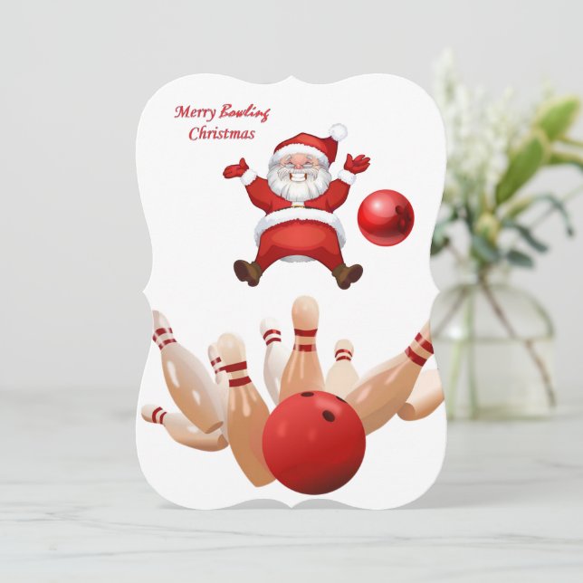 Christmas Holiday Flat Greeting Card Santa Bowling (Standing Front)