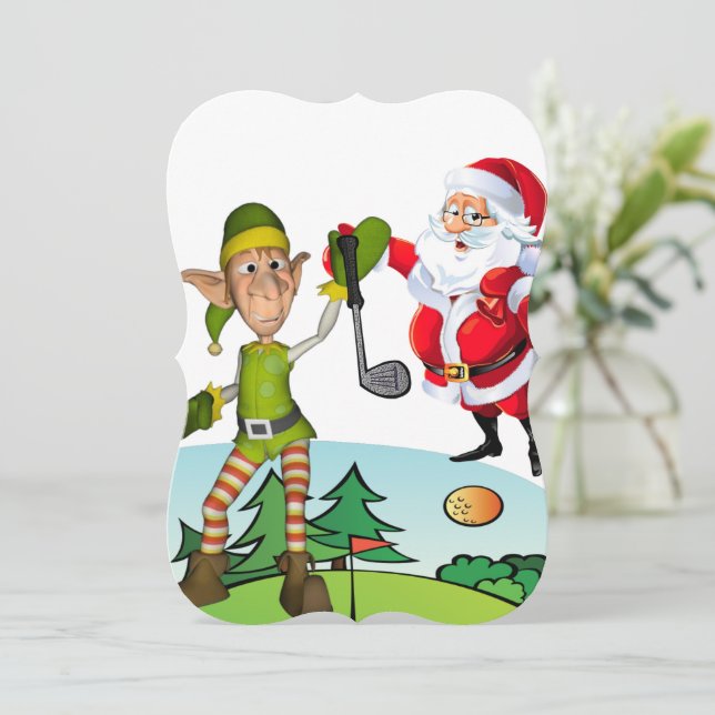 Christmas Holiday Flat Greeting Card, Santa Golf Card (Standing Front)