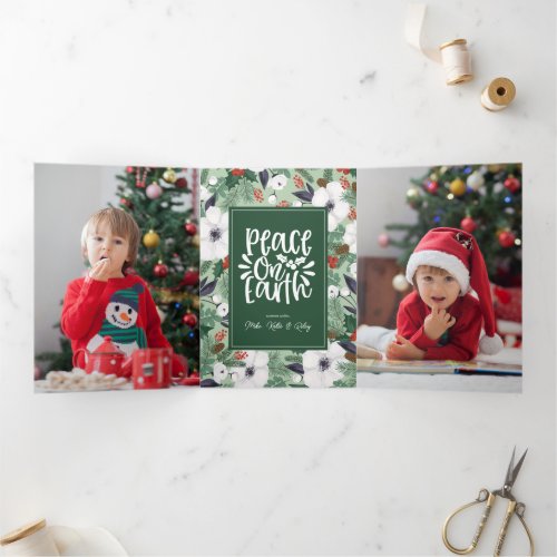 Christmas Holiday Floral  ADD YOUR PHOTO Tri_Fold Holiday Card