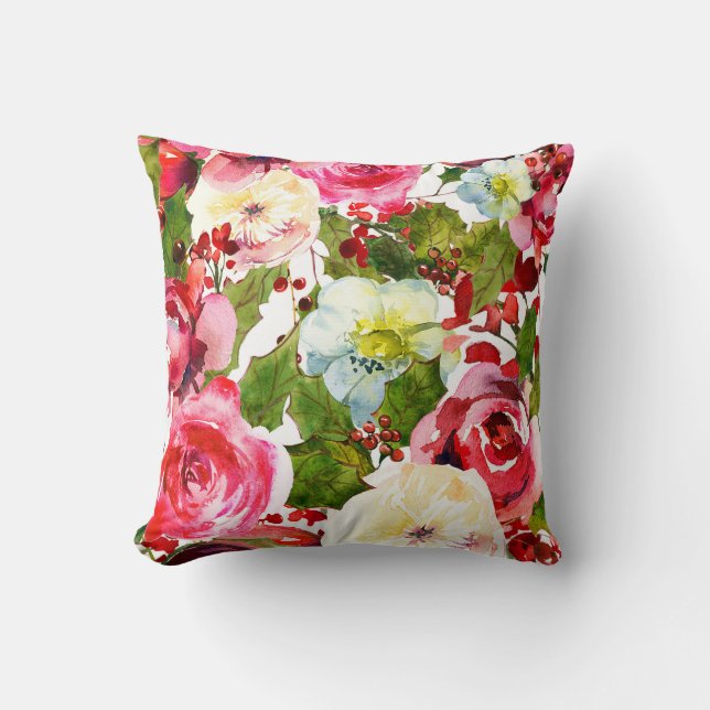 Christmas Holiday Floral Berries Holly Berry Throw Pillow (Front)