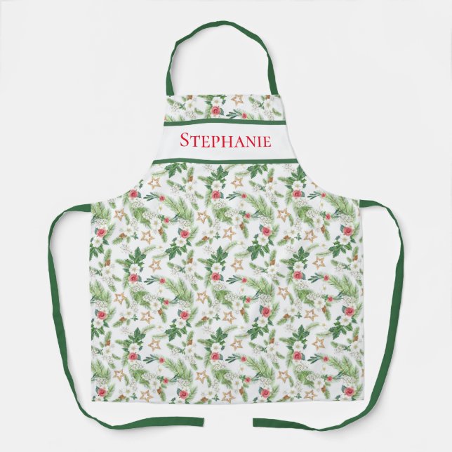 Christmas Holiday Floral Botanicals and Stars Apron (Front)