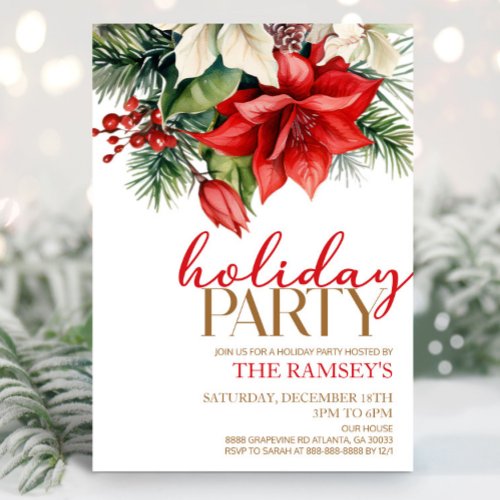 Christmas Holiday Floral Flowers Red Holiday Party Invitation