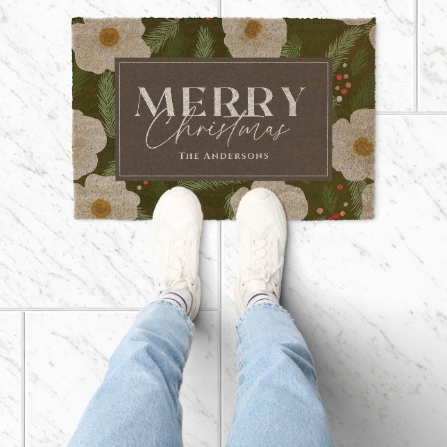 Christmas Holiday Floral Pine Coir Fiber Doormat (Insitu)