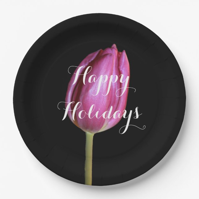 Christmas Holiday Floral Tulips Pink Pretty 2019 Paper Plates (Front)