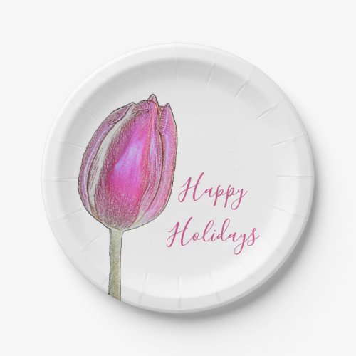 Christmas Holiday Floral Tulips Pink White Cute Paper Plates