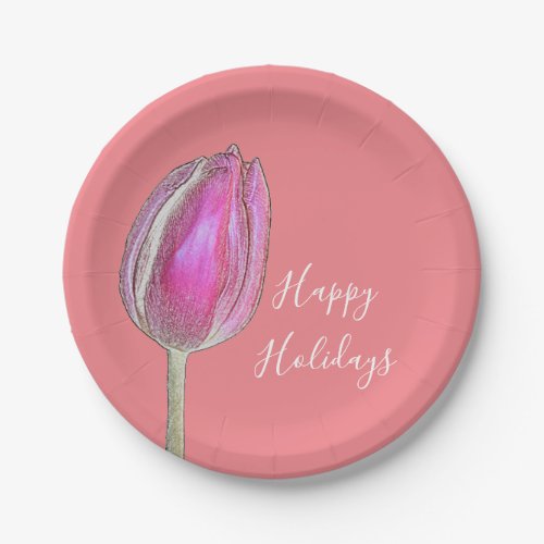 Christmas Holiday Floral Tulips Salmon Pink Orange Paper Plates