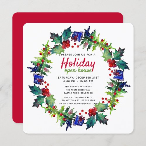Christmas Holiday Floral Wreath Open House Invitation