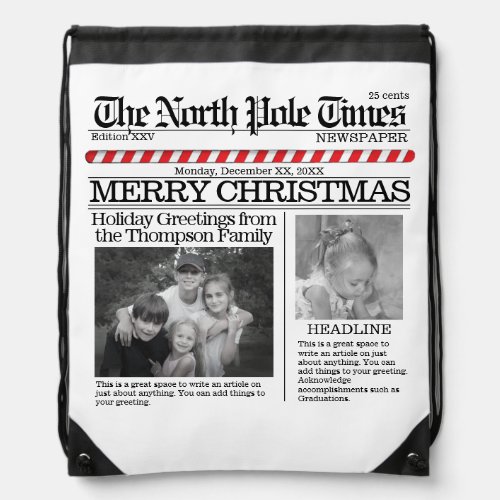 Christmas Holiday Funny Whimsical Newspaper Cute Drawstring Bag