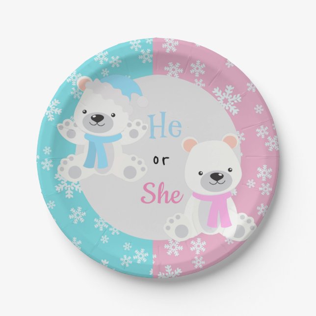 Christmas Holiday Gender Reveal Polar Bear Paper Plates (Front)