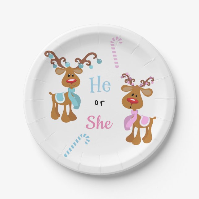 Christmas Holiday Gender Reveal Reindeer Paper Plates (Front)