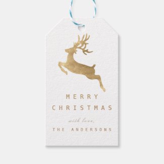 Christmas Holiday Gift Tag White Gold Reniadeer