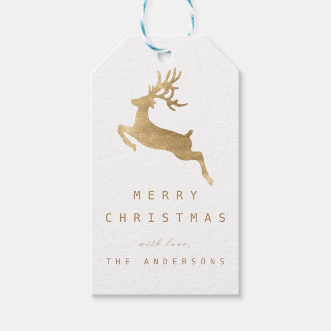 Christmas Holiday Gift Tag White Gold Reniadeer (Front)
