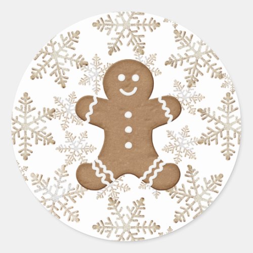 Christmas Holiday Gingerbread Man and Snowflakes Classic Round Sticker