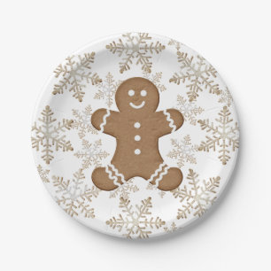 Christmas Holiday Gingerbread Man and Snowflakes Paper Plates