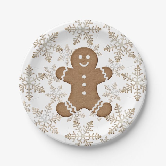 Christmas Holiday Gingerbread Man and Snowflakes Paper Plates (Front)