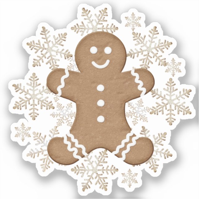 Christmas Holiday Gingerbread Man and Snowflakes Sticker (Front)
