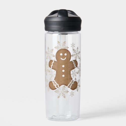 Christmas Holiday Gingerbread Man and Snowflakes Water Bottle