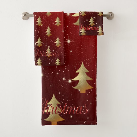 Christmas HolidayGold Christmas Tree, Red Bath Towel Set