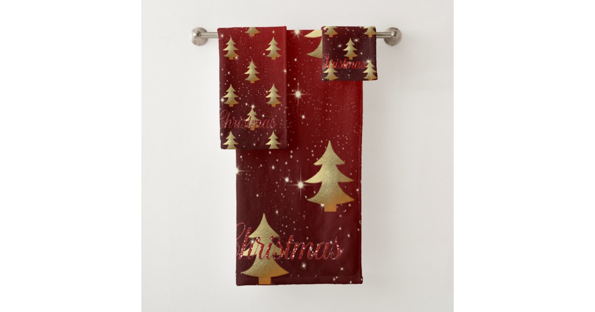 Christmas HolidayGold Christmas Tree, Red Bath Towel Set Zazzle
