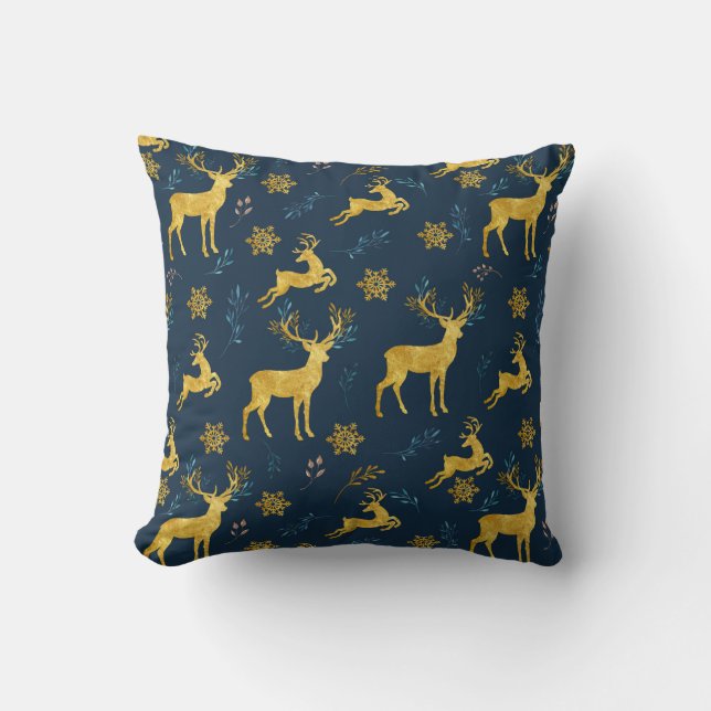 Christmas Holiday - Gold Deer on Navy Background Throw Pillow (Front)