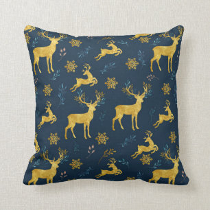 Christmas Holiday - Gold Deer on Navy Background Throw Pillow