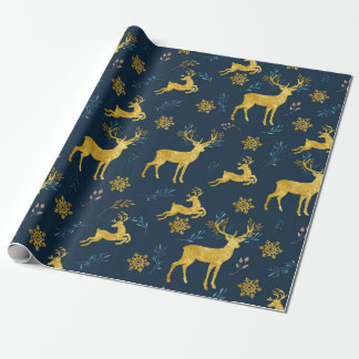 Christmas Holiday - Gold Deer on Navy Background Wrapping Paper