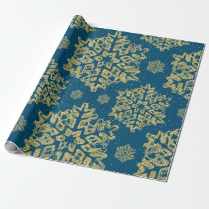 Christmas Holiday Gold Glitter Snowflake Navy Blue Wrapping Paper